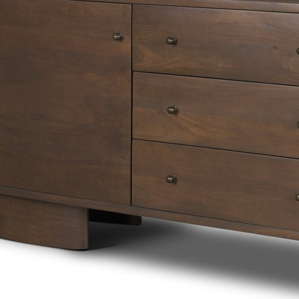 HomeRoots 76" Brown Solid Wood Sideboard with Soft Close, Three Drawers & Two Doors for Stylish Storage Solutions 611029