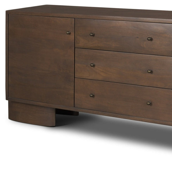HomeRoots 76" Brown Solid Wood Sideboard with Soft Close, Three Drawers & Two Doors for Stylish Storage Solutions 611029