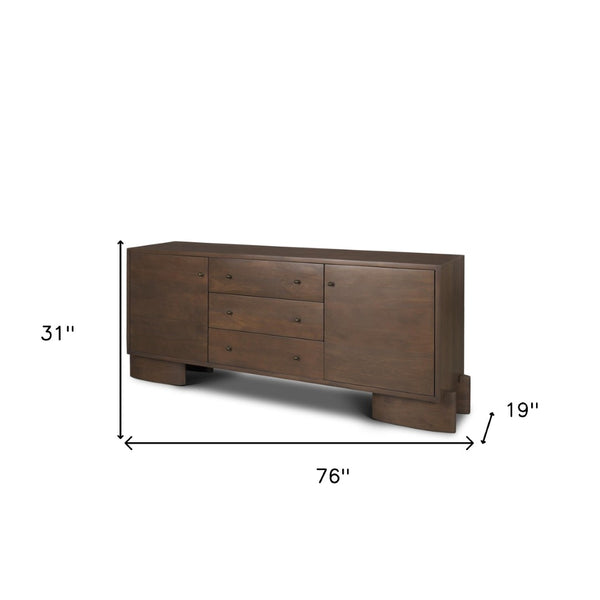 HomeRoots 76" Brown Solid Wood Sideboard with Soft Close, Three Drawers & Two Doors for Stylish Storage Solutions 611029