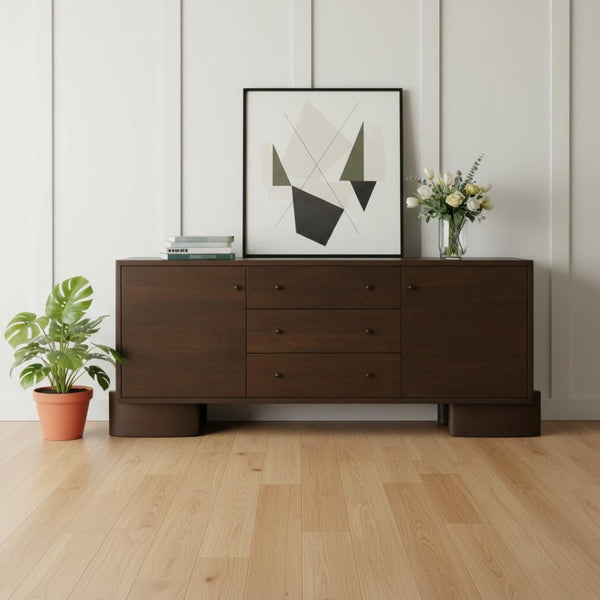 HomeRoots 76" Brown Solid Wood Sideboard with Soft Close, Three Drawers & Two Doors for Stylish Storage Solutions 611029
