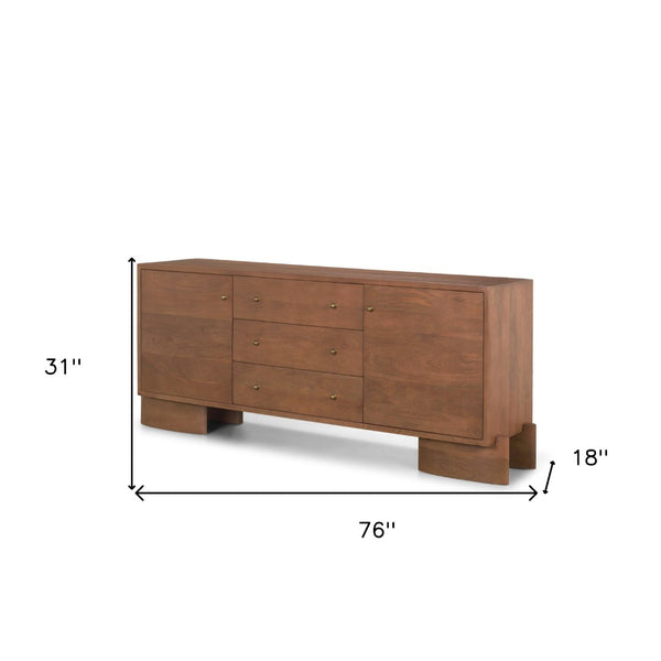 HomeRoots 76" Brown Solid Wood Sideboard with Three Drawers, Soft-Close Doors & Versatile Storage Options 611030