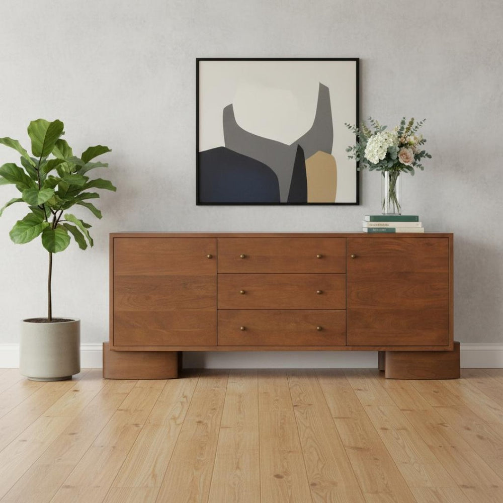 HomeRoots 76" Brown Solid Wood Sideboard with Three Drawers, Soft-Close Doors & Versatile Storage Options 611030
