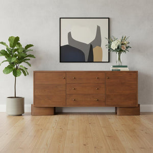 HomeRoots 76" Brown Solid Wood Sideboard with Three Drawers, Soft-Close Doors & Versatile Storage Options 611030