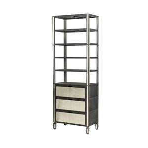 HomeRoots 32" Dark Brown Solid Wood Bookcase with Mirrored Glass - Four Tiers & Three Drawers for Stylish Storage 611031