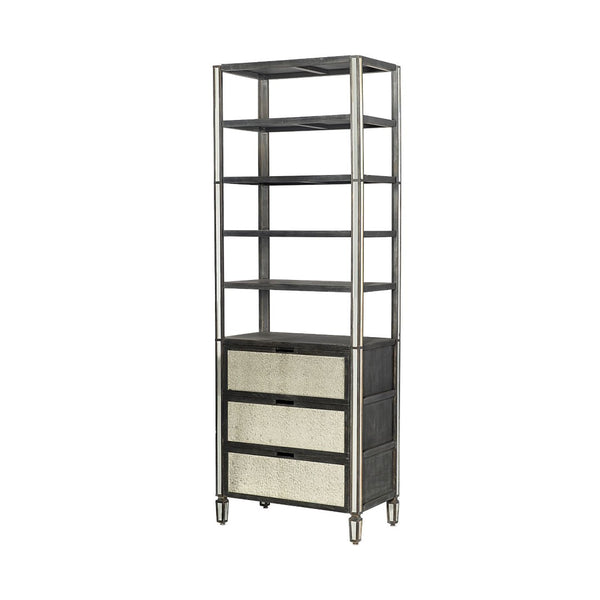 HomeRoots 32" Dark Brown Solid Wood Bookcase with Mirrored Glass - Four Tiers & Three Drawers for Stylish Storage 611031