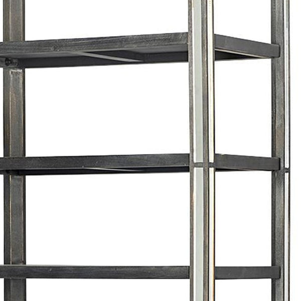 HomeRoots 32" Dark Brown Solid Wood Bookcase with Mirrored Glass - Four Tiers & Three Drawers for Stylish Storage 611031