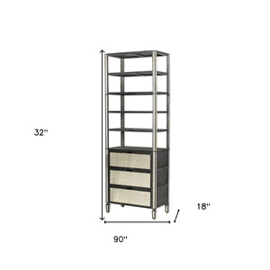 HomeRoots 32" Dark Brown Solid Wood Bookcase with Mirrored Glass - Four Tiers & Three Drawers for Stylish Storage 611031