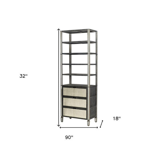 HomeRoots 32" Dark Brown Solid Wood Bookcase with Mirrored Glass - Four Tiers & Three Drawers for Stylish Storage 611031