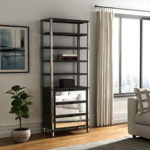 HomeRoots 32" Dark Brown Solid Wood Bookcase with Mirrored Glass - Four Tiers & Three Drawers for Stylish Storage 611031