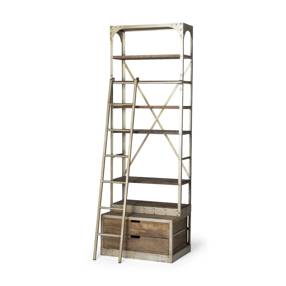HomeRoots 32" Modern-Rustic Six-Tier Library Bookcase - Solid Mango Wood & Nickel Metal with Two Hidden Drawers 611032