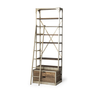 HomeRoots 32" Modern-Rustic Six-Tier Library Bookcase - Solid Mango Wood & Nickel Metal with Two Hidden Drawers 611032