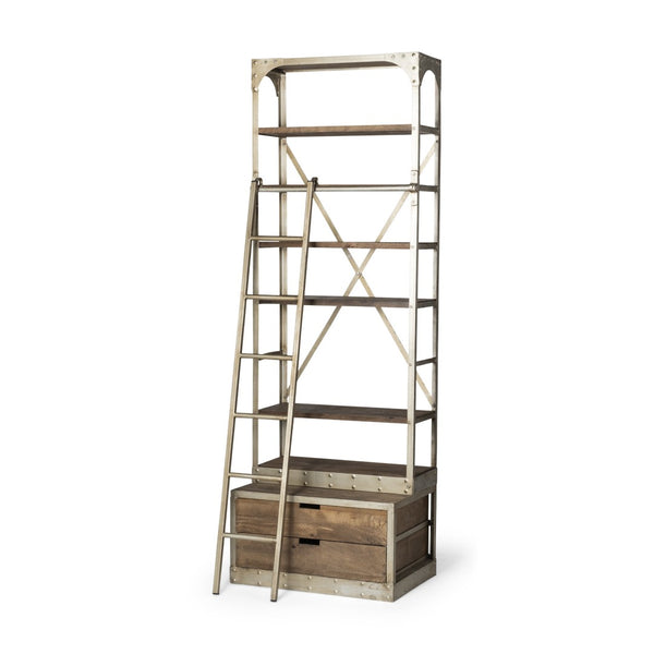 HomeRoots 32" Modern-Rustic Six-Tier Library Bookcase - Solid Mango Wood & Nickel Metal with Two Hidden Drawers 611032