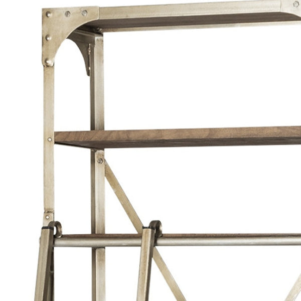 HomeRoots 32" Modern-Rustic Six-Tier Library Bookcase - Solid Mango Wood & Nickel Metal with Two Hidden Drawers 611032