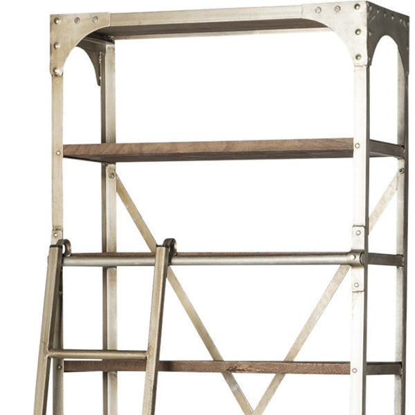 HomeRoots 32" Modern-Rustic Six-Tier Library Bookcase - Solid Mango Wood & Nickel Metal with Two Hidden Drawers 611032