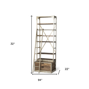 HomeRoots 32" Modern-Rustic Six-Tier Library Bookcase - Solid Mango Wood & Nickel Metal with Two Hidden Drawers 611032