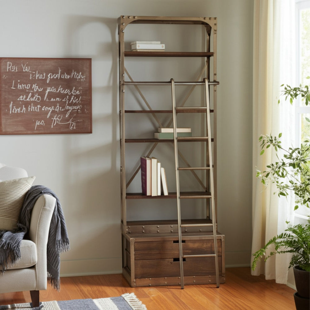 HomeRoots 32" Modern-Rustic Six-Tier Library Bookcase - Solid Mango Wood & Nickel Metal with Two Hidden Drawers 611032