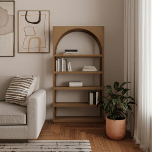 HomeRoots 47" Brown Arched Solid Wood Five-Tier Bookcase – Elegant Storage Solution for Any Room Decor Style 611033