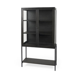 HomeRoots 36" Black Solid Wood & Metal Display Cabinet - Stylish Glass Doors, 3-Tier Storage for Modern Homes 611034