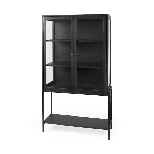 HomeRoots 36" Black Solid Wood & Metal Display Cabinet - Stylish Glass Doors, 3-Tier Storage for Modern Homes 611034