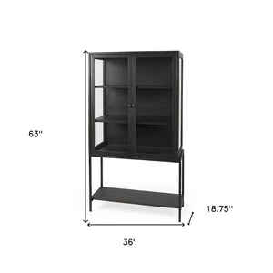 HomeRoots 36" Black Solid Wood & Metal Display Cabinet - Stylish Glass Doors, 3-Tier Storage for Modern Homes 611034