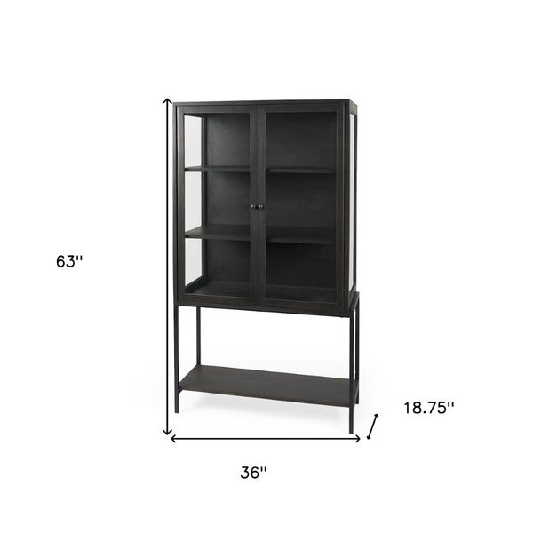 HomeRoots 36" Black Solid Wood & Metal Display Cabinet - Stylish Glass Doors, 3-Tier Storage for Modern Homes 611034