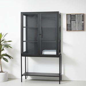 HomeRoots 36" Black Solid Wood & Metal Display Cabinet - Stylish Glass Doors, 3-Tier Storage for Modern Homes 611034