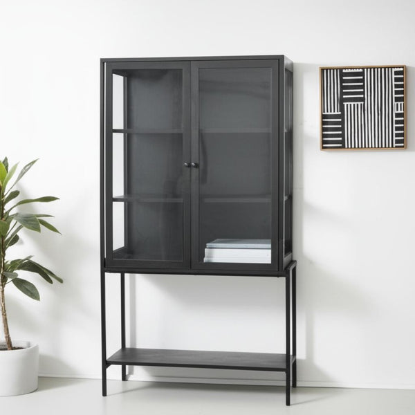 HomeRoots 36" Black Solid Wood & Metal Display Cabinet - Stylish Glass Doors, 3-Tier Storage for Modern Homes 611034