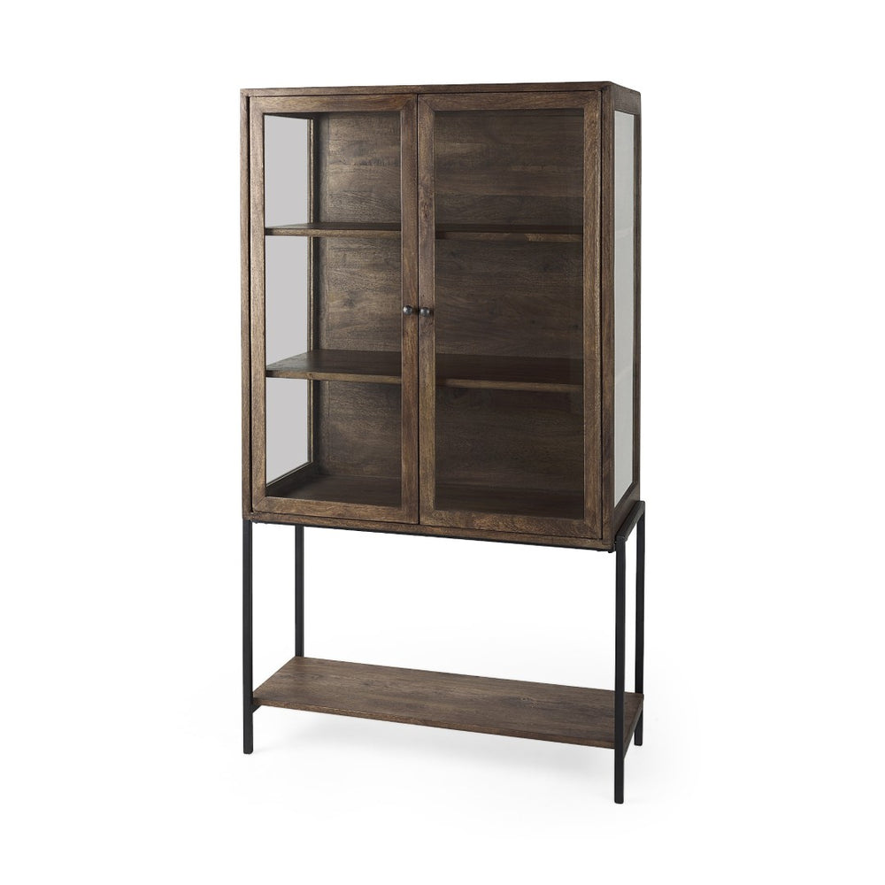 HomeRoots 36" Stylish Brown & Black Solid Wood & Metal Display Cabinet - Elegant Storage with Glass Doors 611035