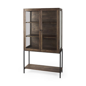 HomeRoots 36" Stylish Brown & Black Solid Wood & Metal Display Cabinet - Elegant Storage with Glass Doors 611035