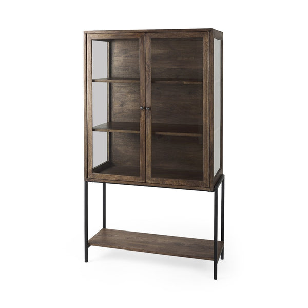 HomeRoots 36" Stylish Brown & Black Solid Wood & Metal Display Cabinet - Elegant Storage with Glass Doors 611035