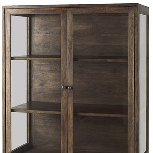 HomeRoots 36" Stylish Brown & Black Solid Wood & Metal Display Cabinet - Elegant Storage with Glass Doors 611035