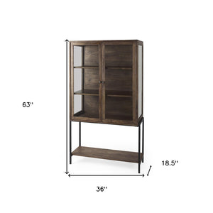 HomeRoots 36" Stylish Brown & Black Solid Wood & Metal Display Cabinet - Elegant Storage with Glass Doors 611035
