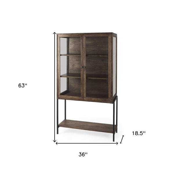 HomeRoots 36" Stylish Brown & Black Solid Wood & Metal Display Cabinet - Elegant Storage with Glass Doors 611035
