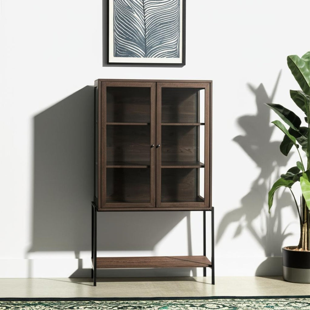HomeRoots 36" Stylish Brown & Black Solid Wood & Metal Display Cabinet - Elegant Storage with Glass Doors 611035