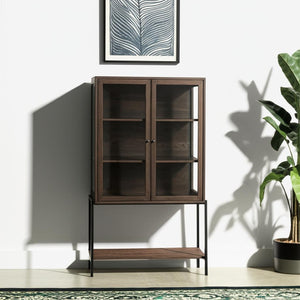 HomeRoots 36" Stylish Brown & Black Solid Wood & Metal Display Cabinet - Elegant Storage with Glass Doors 611035