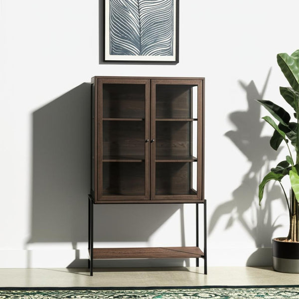 HomeRoots 36" Stylish Brown & Black Solid Wood & Metal Display Cabinet - Elegant Storage with Glass Doors 611035