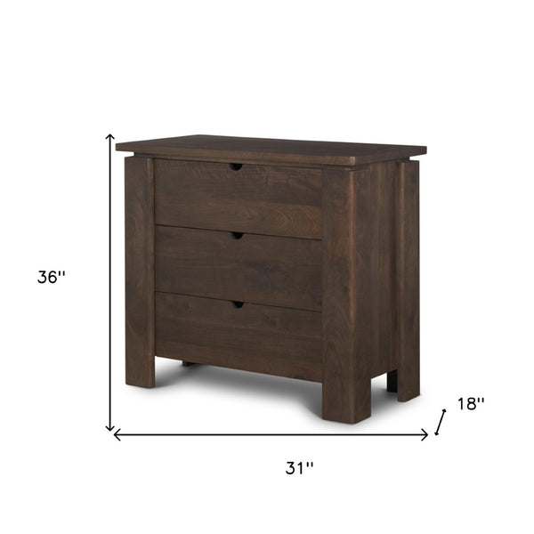 HomeRoots 36" Dark Brown Solid Mango Wood Accent Cabinet with 3 Drawers for Stylish Storage & Easy Use 611037