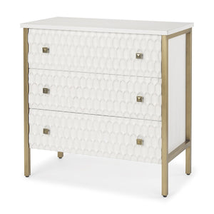 HomeRoots 32" Elegant White and Gold Geometric Accent Cabinet with Three Drawers for Stylish Storage Solutions 611039