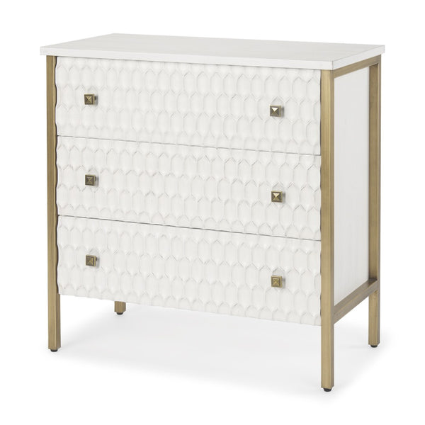 HomeRoots 32" Elegant White and Gold Geometric Accent Cabinet with Three Drawers for Stylish Storage Solutions 611039