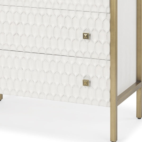 HomeRoots 32" Elegant White and Gold Geometric Accent Cabinet with Three Drawers for Stylish Storage Solutions 611039