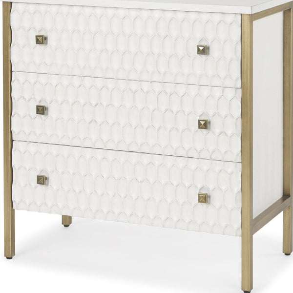 HomeRoots 32" Elegant White and Gold Geometric Accent Cabinet with Three Drawers for Stylish Storage Solutions 611039