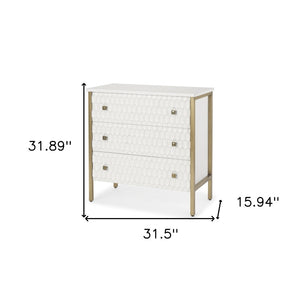 HomeRoots 32" Elegant White and Gold Geometric Accent Cabinet with Three Drawers for Stylish Storage Solutions 611039