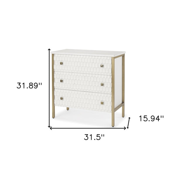 HomeRoots 32" Elegant White and Gold Geometric Accent Cabinet with Three Drawers for Stylish Storage Solutions 611039