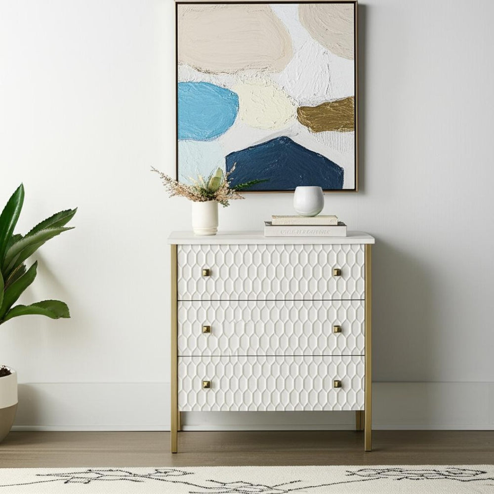 HomeRoots 32" Elegant White and Gold Geometric Accent Cabinet with Three Drawers for Stylish Storage Solutions 611039