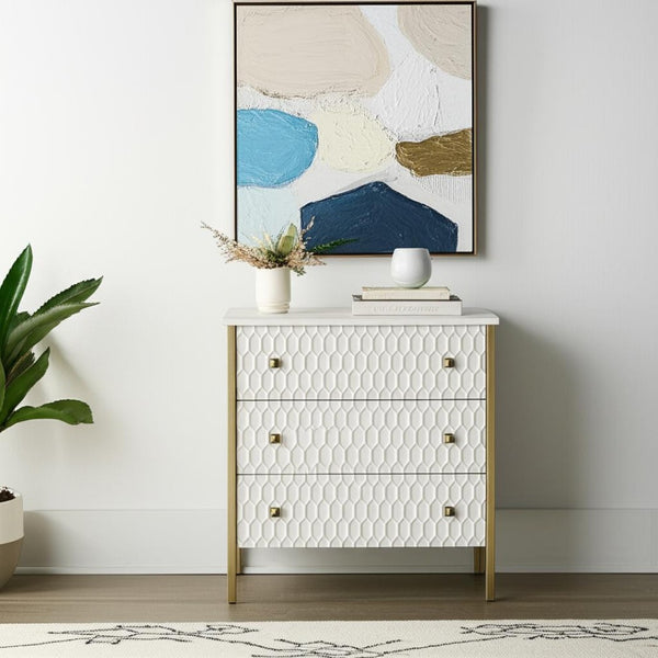 HomeRoots 32" Elegant White and Gold Geometric Accent Cabinet with Three Drawers for Stylish Storage Solutions 611039