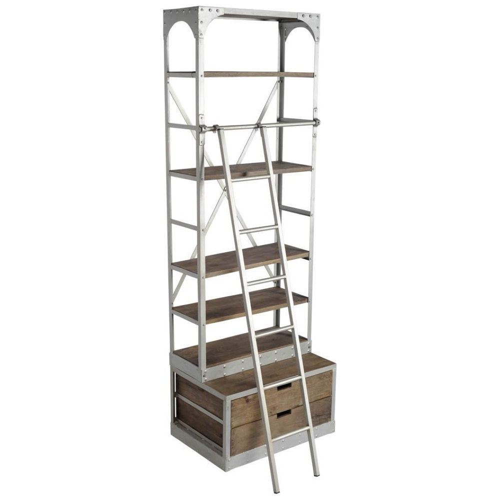 HomeRoots 32" Light Brown Metal and Solid Wood Five-Tier Bookcase with Drawers - Stylish Storage Solution! 611040