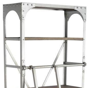 HomeRoots 32" Light Brown Metal and Solid Wood Five-Tier Bookcase with Drawers - Stylish Storage Solution! 611040