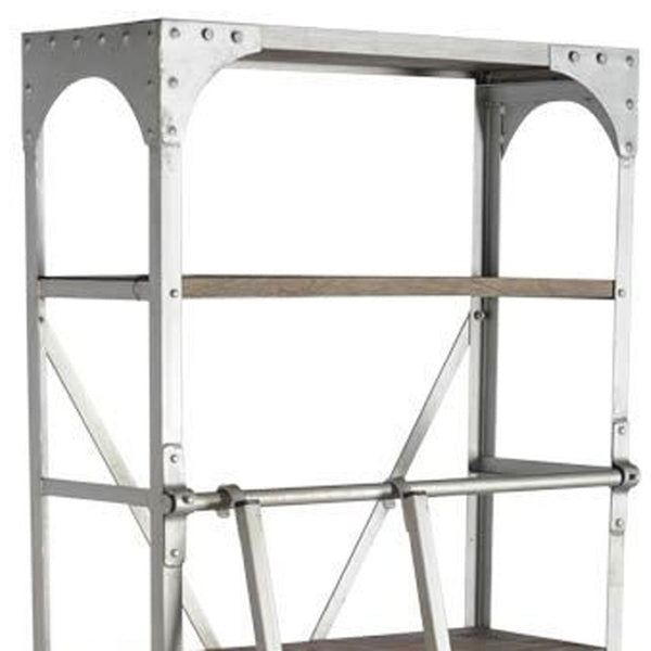 HomeRoots 32" Light Brown Metal and Solid Wood Five-Tier Bookcase with Drawers - Stylish Storage Solution! 611040