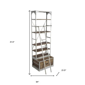 HomeRoots 32" Light Brown Metal and Solid Wood Five-Tier Bookcase with Drawers - Stylish Storage Solution! 611040