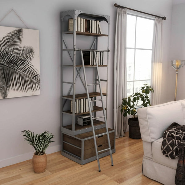 HomeRoots 32" Light Brown Metal and Solid Wood Five-Tier Bookcase with Drawers - Stylish Storage Solution! 611040